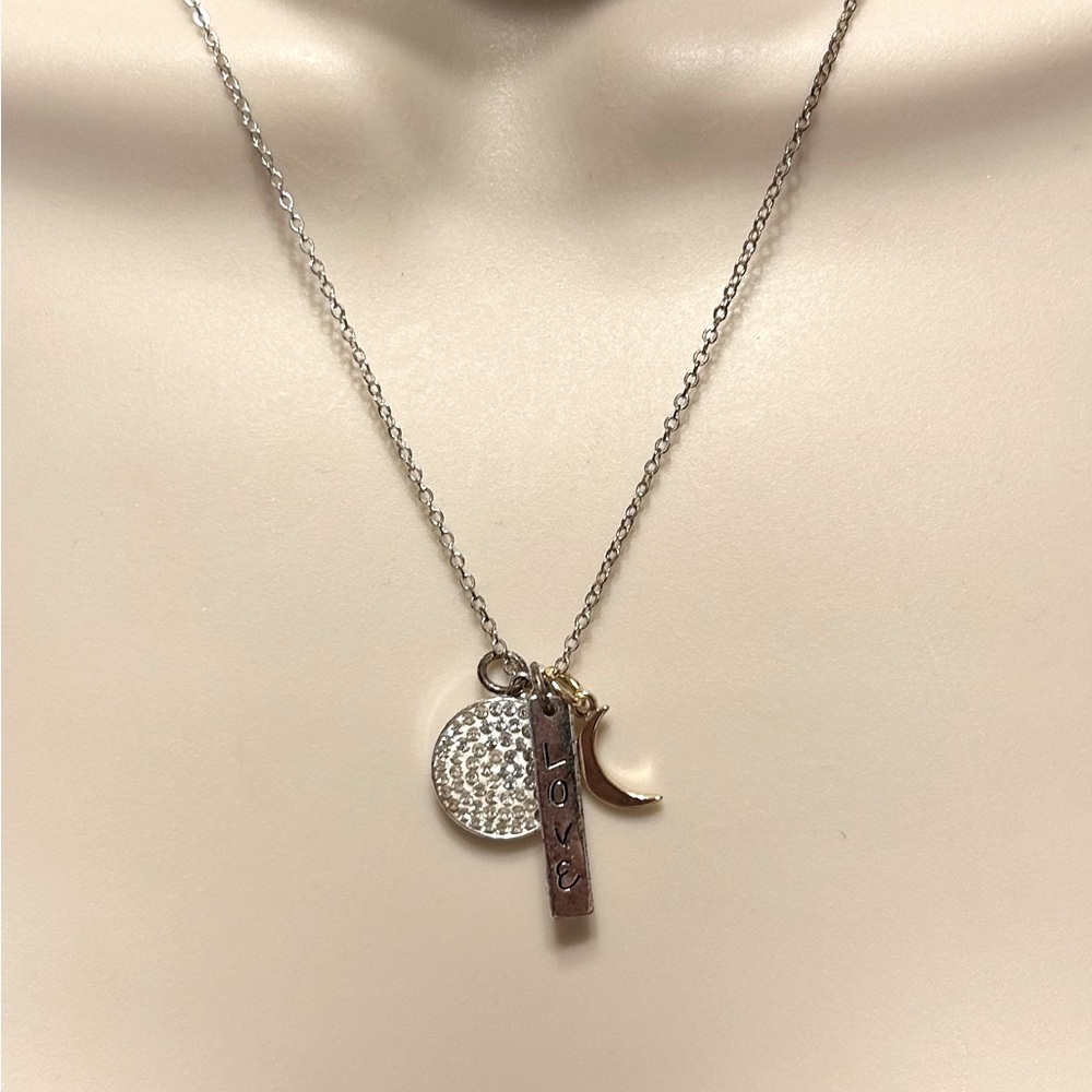 Silver Necklace With Round Rhinestone, Love, and Gold Moon Pendant Necklace.